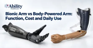 Bionic arm vs body-powered arm: a myoelectric bionic hand beside a harness-operated body-powered prosthetic arm